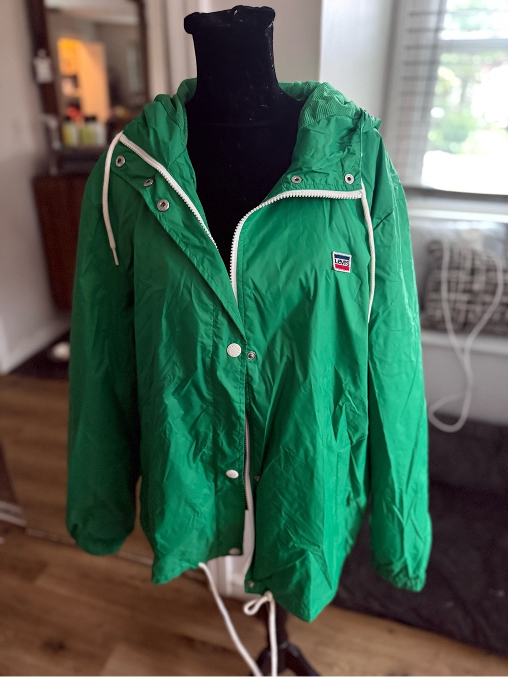 Levi's Bright Green Hooded rain jacket Windbreaker Jacket with White Trim
